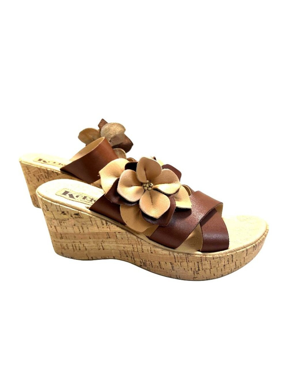 Korks  9 Rhea Brown Leather Wedge Sandals Flower Accent Slip-On Style Cork Sole